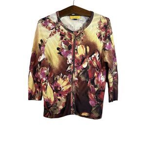 St. John Floral Zip Up Cardigan Round Neck Viscose Size M